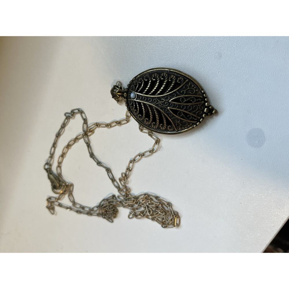 Vintage Antique Bronze Reversible Medallion Necklace Long Flower Domed Cage 40” - Picture 7 of 12
